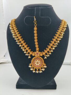 Matte Gold Floral Kemp Pearl Netthichudi Set | 2-Piece Temple Forehead Ornament Set