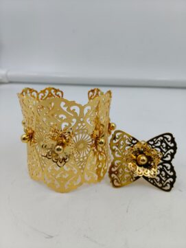 Enchanted Gold-Plated Arabesque Filigree Cuff and 3D Floral Ring Set