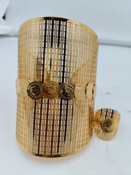 Elite Gold-Plated Multi-Coin Mesh Cuff and Matching Statement Ring Set