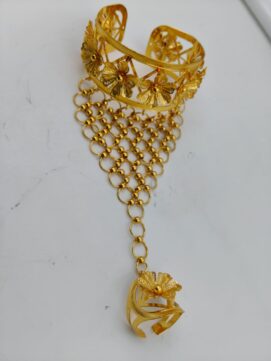 Gold-Plated Floral Hand Harness Bracelet with Chain Ring (Hathphool Design)