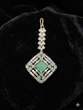 Rhodium Plated AD Stone Maang Tikka | Mint Green Geometric Nethi Chutti with Square Pendant