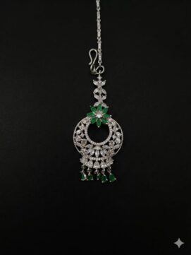 Rhodium Plated AD Stone Maang Tikka | White & Emerald Green Floral Chandbali Nethi Chutti