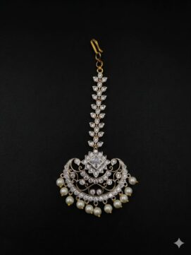 Dual Tone Gold & Rhodium Plated AD Stone Maang Tikka | Chandbali Nethi Chutti with Pearl Drops