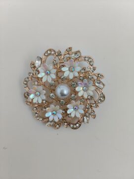 Exquisite Gold Mandala Brooch with Iridescent Flower Petals and Center Pearl