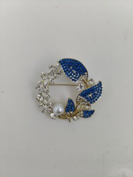 Royal Blue Crystal Wreath Brooch with Lustrous Faux Pearl
