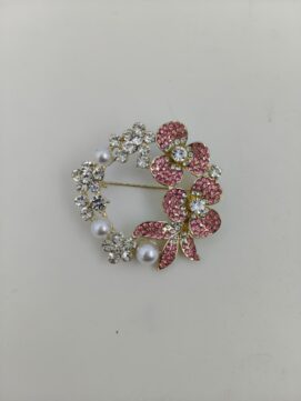 Romantic Pink Floral Wreath Brooch with Triple Pearl Accents