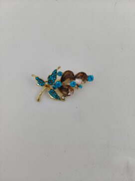 Exquisite Gold-Plated Botanical Brooch with Teardrop Amber Crystals and Azure Blue Accents