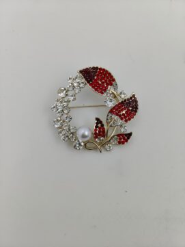 Elegant Crimson Leaf & Crystal Wreath Brooch with Faux Pearl Accent