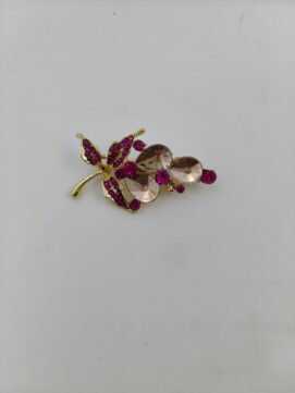 Gold-Plated Botanical Branch Brooch with Fuchsia and Champagne Crystals