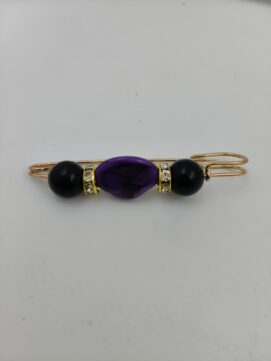Elegant Gold-Toned Safety Pin Brooch with Purple Marble and Onyx Beads