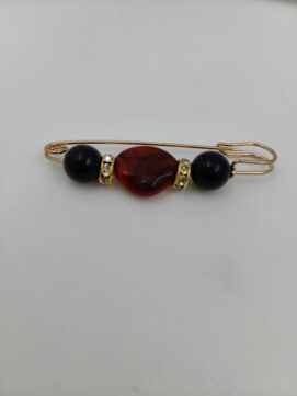 Bohemian Gold Safety Pin Brooch with Ruby Red Marble and Black Beads