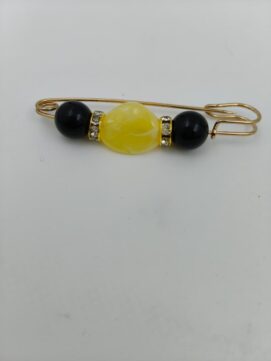 Radiant Gold Safety Pin Brooch with Lemon Yellow Marble and Onyx Beads