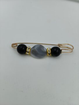 Sophisticated Gold Safety Pin Brooch with Grey Marbled Agate and Black Beads