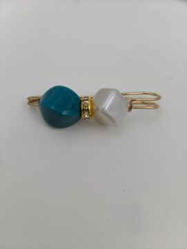 Modern Geometric Gold Safety Pin Brooch with Teal Stone and White Cube Bead