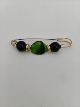 Bohemian Gold-Toned Safety Pin Brooch with Marbled Green Stone and Onyx-Style Accents