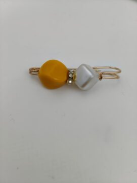 Modern Geometric Gold Safety Pin Brooch with Saffron Stone and Pearl Cube