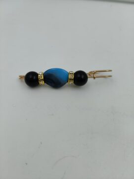 Bohemian Gold Safety Pin Brooch with Azure Blue Marble and Onyx Beads