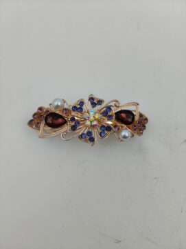 Ornate Gold-Tone Floral Barrette with Teardrop Jewels and Pearl Accents