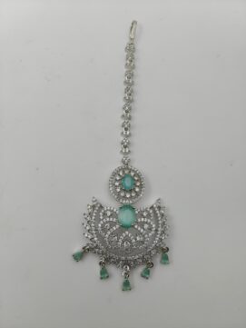 Rhodium Plated AD Stone Maang Tikka | Mint Green Statement Chandbali Nethi Chutti with Long Chain