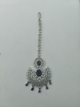 Rhodium Plated AD Stone Maang Tikka | Amethyst Purple Statement Chandbali Nethi Chutti with Long Chain