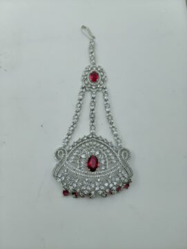 Rhodium Plated AD Stone Bridal Passa | White & Ruby Red Jhoomar with Hook
