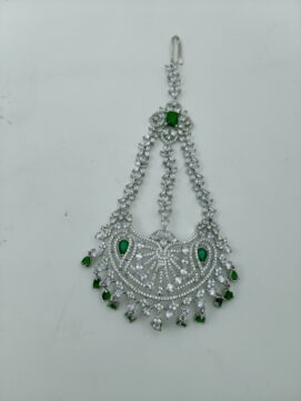 Rhodium Plated AD Stone Bridal Neti Chutti | White & Emerald Green Passa Jhoomar with Hook