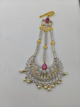 Dual Tone Gold & Rhodium Plated AD Stone Bridal Jhoomar | White, Ruby Pink & Pearl Passa with Hook