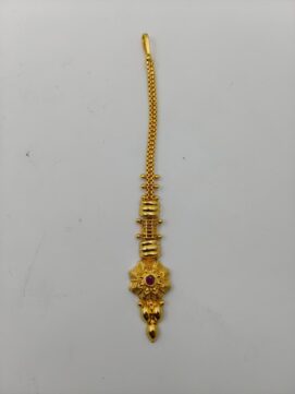 Gold Plated Traditional Maang Tikka | Ruby Stone Floral Nethi Chutti with Gold Beads