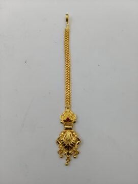 Gold Plated Traditional Maang Tikka | Ruby Stone Lotus Nethi Chutti with Gold Ball Drops