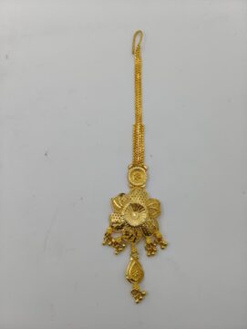 Gold Plated Floral Nethi Chutti | Statement Flower Maang Tikka with Gold Bead Hangings