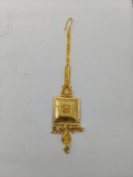 Gold Plated Geometric Nethi Chutti | Square Statement Maang Tikka with Gold Bead Hangings