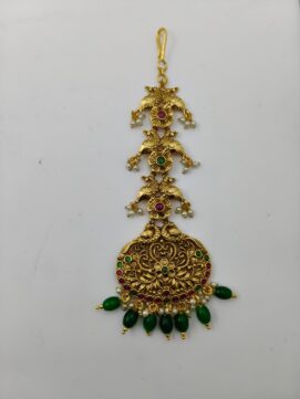 Antique Gold Plated Peacock Maang Tikka | Temple Nethi Chutti with Ruby, Emerald Stones & Pearl Drops