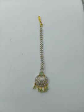 Gold Plated AD Stone Maang Tikka | White CZ & Mint Green Chandbali Nethi Chutti