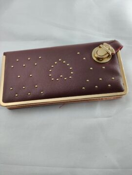 Heart-Studded Frame Long Clutch – Elegant Deep Burgundy Vegan Leather Wallet & Handheld Evening Purse