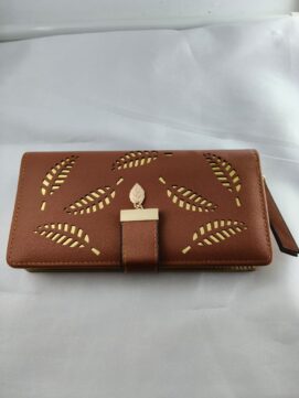 Golden Leaf Laser-Cut Long Clutch – Elegant Vegan Leather Wallet & Slim Evening Handheld Bag