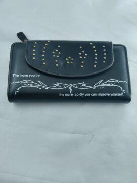 Motivational Studded Flap Long Wallet – Navy Blue Vegan Leather Organizer & Elegant Handheld Clutch