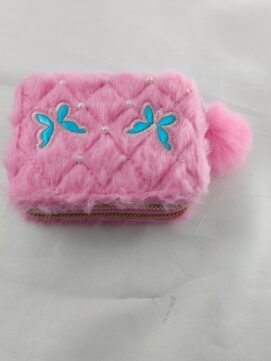 Plush Faux Fur Quilted Mini Pouch – Embroidered Butterfly Accessory with Pom-Pom