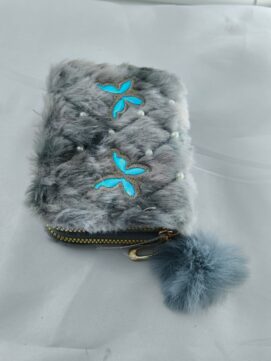Plush Faux Fur Quilted Mini Pouch – Embroidered Butterfly Accessory with Pom-Pom