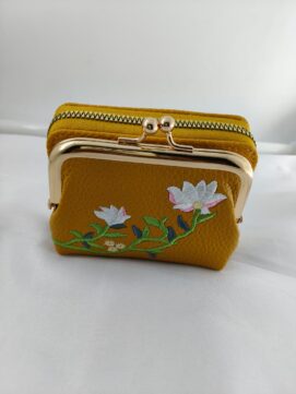Artisanal Mustard Yellow Kiss-Lock Wallet – Vintage-Style Floral Embroidered Clutch