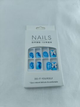 Artistic Ocean Blue Press-On Nail Kit – 12pc DIY Reusable Manicure Set with Abstract Swirls & Smiley Accents