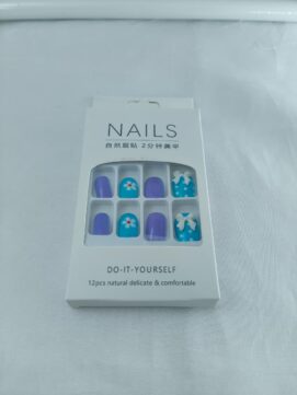 Vibrant Blue & Purple Floral Press-On Nail Kit – 12pc DIY Reusable Set with Polka Dots and Bow Accents