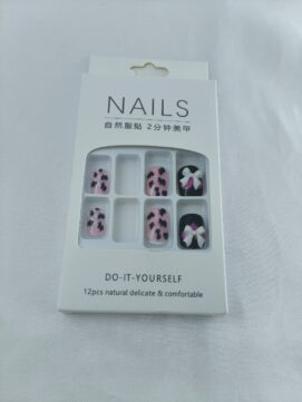 Edgy Pink & Black Cow Print Press-On Nail Kit – 12pc DIY Reusable Set with 3D Bow Accents