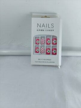 Sweet Strawberry Pink Floral Press-On Nail Kit – 12pc DIY Reusable Set with Polka Dot Accents