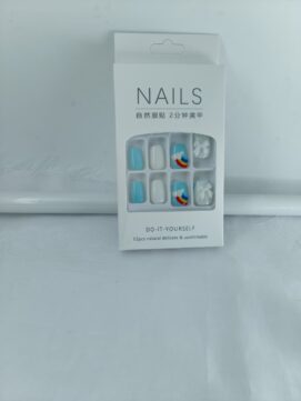 Dreamy Sky Blue Rainbow Press-On Nail Kit – 12pc DIY Reusable Set with Cloud Art & 3D Bow Accents