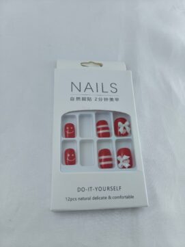 Cheerful Crimson & White Press-On Nail Kit – 12pc DIY Reusable Set with Smiley Faces & Bow Accents