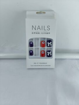 Bold Indigo & Coral Floral Press-On Nail Kit – 12pc DIY Reusable Set with 3D Bow Accents