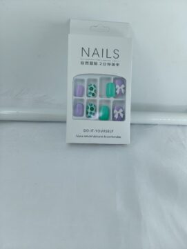 Serene Lavender & Mint Bloom Press-On Nail Kit – 12pc DIY Reusable Manicure Set with 3D Bow Accents