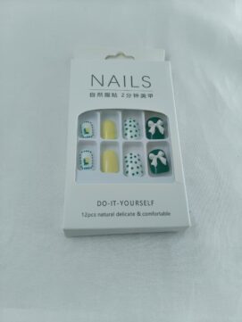 Chic Green & Yellow Bow-Accent Press-On Nail Kit – 12pc DIY Reusable Manicure Set