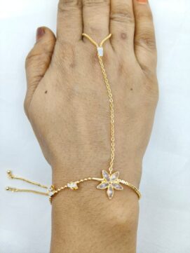 Gold-Tone Flower Crystal Hathphool Bracelet Finger Chain - Adjustable