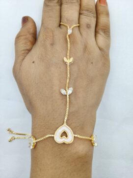Gold-Tone White Enamel Heart Butterfly Hathphool Bracelet Finger Chain - Adjustable